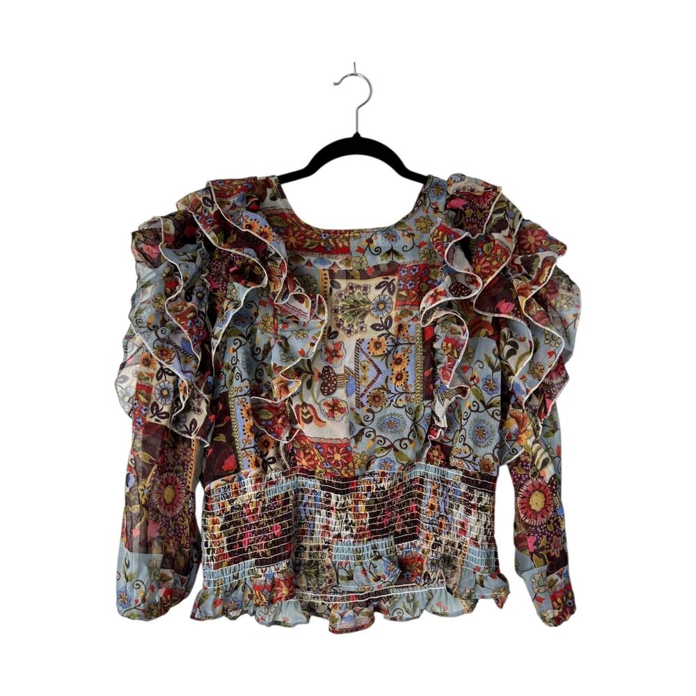 Moon Orchid Shirt Size XL Ruffle Smocked Sheer Multicolor Peasant Boho Crop Top‎